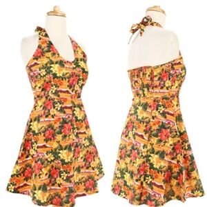 Sourpuss Yellow Tropical Floral Halter Mini Dress